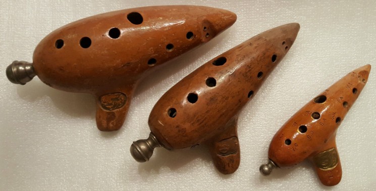 3 Mezzetti ocarinas, top view